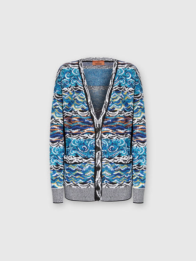 Oversized cardigan in wool and cotton jacquard with wave motif