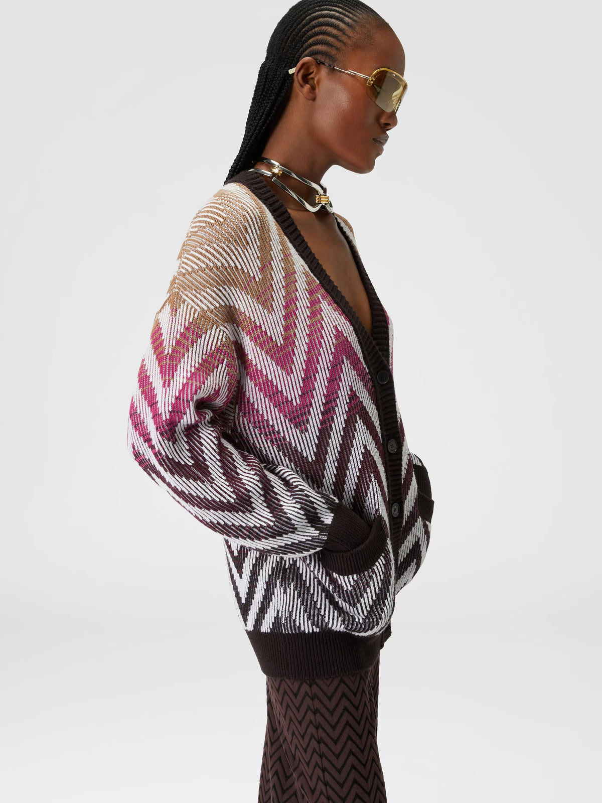 Oversized chevron ribbed wool and cotton cardigan